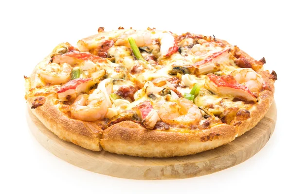 Seafood pizza on wooden tray — Stock Photo, Image