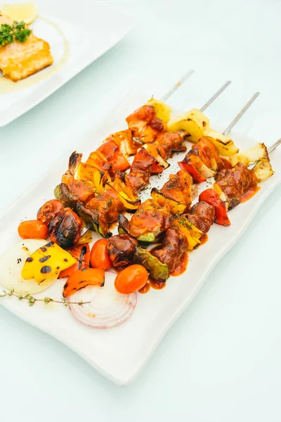 Grilled bbq meat stick in white plate — Stock Photo, Image