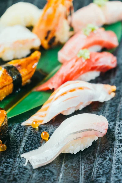 Raw and fresh salmon tuna shrimp and other sushi — Stock Photo, Image