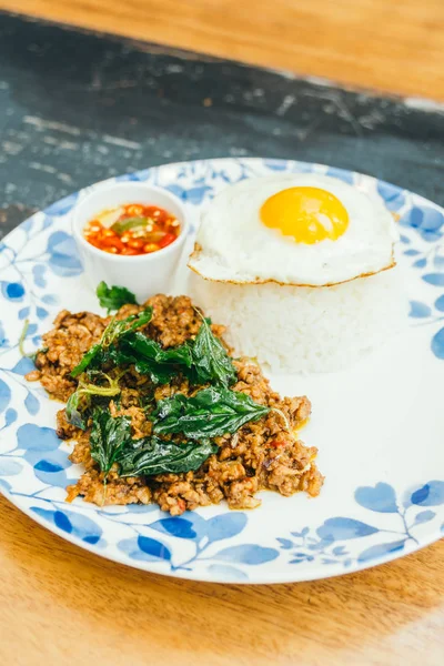 Spicy pork with basil leaf and rice — Stock Photo, Image