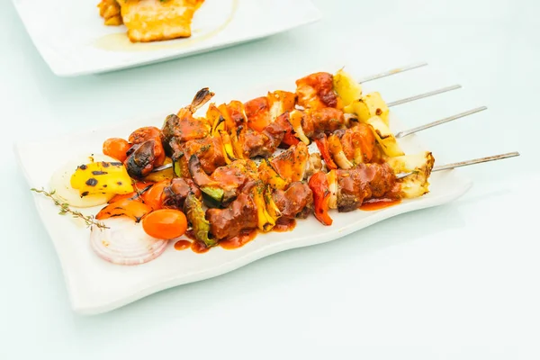 Grilled bbq meat stick in white plate — Stock Photo, Image
