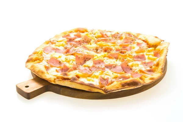 Pizza Havaiana Bandeja Madeira Isolada Com Fundo Branco — Fotografia de Stock