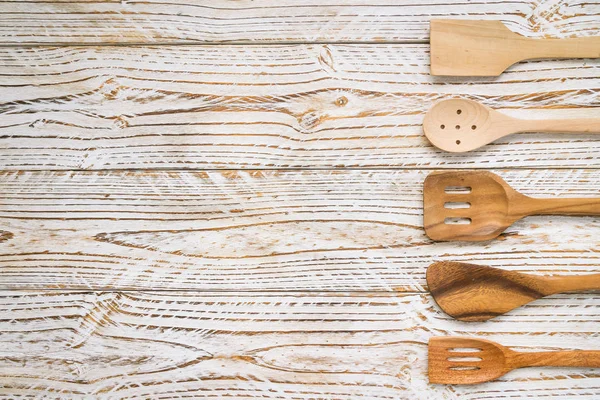 Wood Utensils Kitchen Ware Wooden Table Copy Space Vintage Filter — Stock Photo, Image