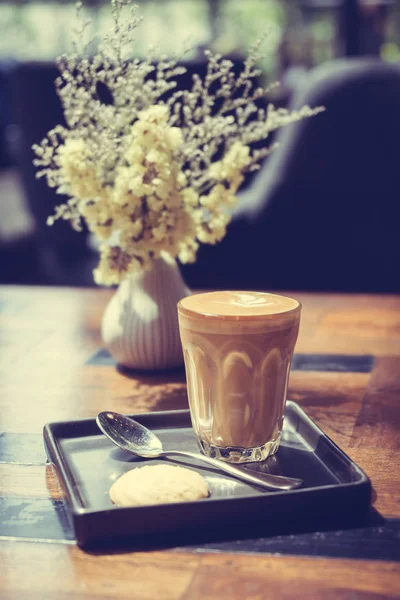 Hot Latte Coffee Cup Table Shop Cafe Vintage Filter — Stock Photo, Image