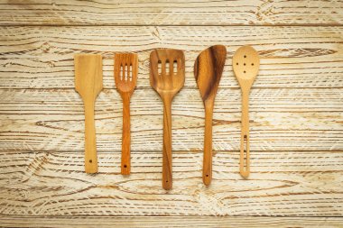 Ahşap mutfak eşyaları ya da mutfak gereçleri kopya alanı - Vintage filtre ahşap tablo