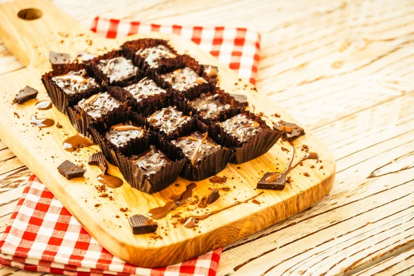 Sweet dessert with Chocolate brownies cake on wood cutting board - Filter Processing