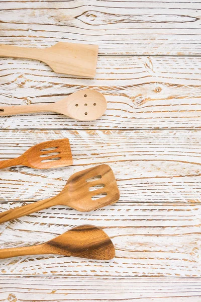 Wood Utensils Kitchen Ware Wooden Table Copy Space Vintage Filter — Stock Photo, Image