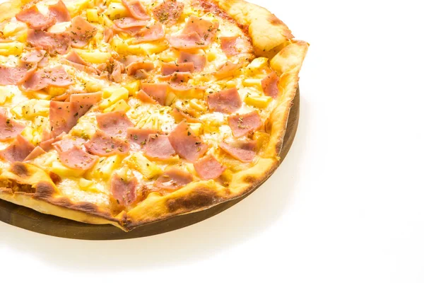 Pizza Havaiana Bandeja Madeira Isolada Com Fundo Branco — Fotografia de Stock