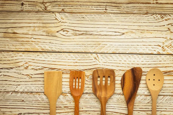 Wood Utensils Kitchen Ware Wooden Table Copy Space Vintage Filter — Stock Photo, Image