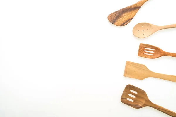 Houten Keukengerei Keuken Ware Geïsoleerd Witte Achtergrond — Stockfoto