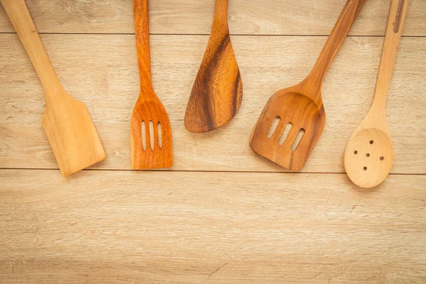 Wood Utensils Kitchen Ware Wooden Table Copy Space Vintage Filter — Stock Photo, Image