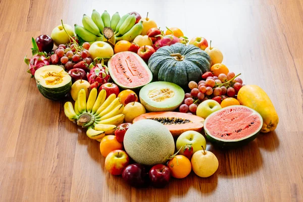 Assorted Mixed Fruits Wooden Background Copy Space Healthy Food Concept — Stock Photo, Image