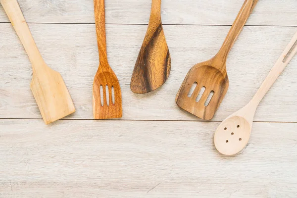 Wood Utensils Kitchen Ware Wooden Table Copy Space Vintage Filter — Stock Photo, Image