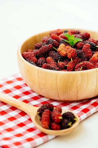 Red Black Mulberry Fruit Bowl White Stone Background — Stock Photo, Image