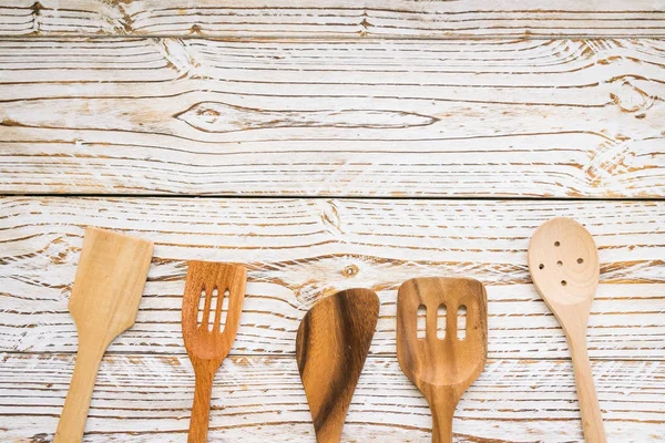 Wood Utensils Kitchen Ware Wooden Table Copy Space Vintage Filter — Stock Photo, Image