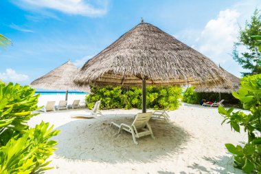 Şemsiye ve güzel tropikal plaj ve deniz otel resort Maldivler Island - çevresinde sandalyeye artırmak renk işleme