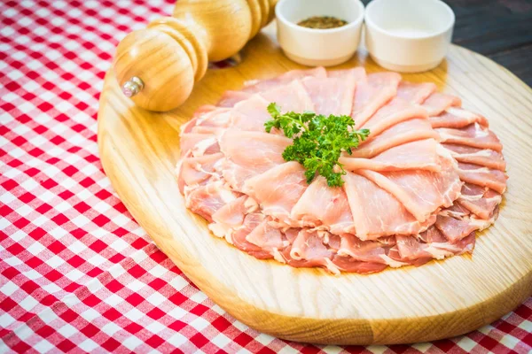 Raw pork meat slice on wood cutting board - FIlter Processing