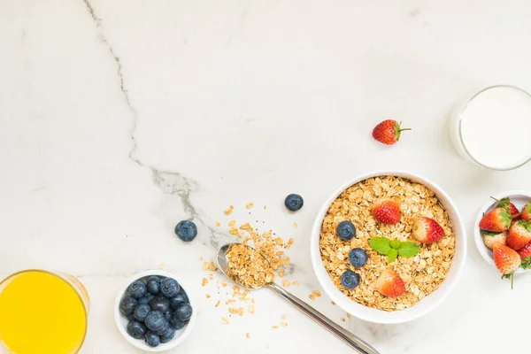 Healthy Breakfast Set Granola Blueberry Strawberry Black Coffee Milk Orange — Stock Photo, Image