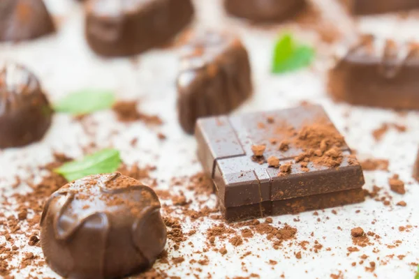 Sweet Dessert Dark Chocolate Pieces Cocoa Powder White Stone Background — Stock Photo, Image