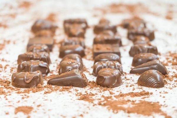Sweet Dessert Dark Chocolate Pieces Cocoa Powder White Stone Background — Stock Photo, Image