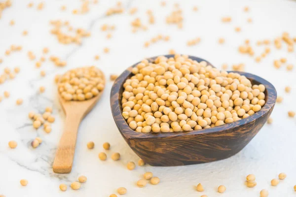 Kacang Kedelai Kuning Dalam Mangkuk Kayu Konsep Makanan Sehat Dan — Stok Foto