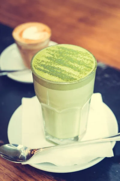 Hot Matcha Green Tea Latte Cup Table Cafe Shop Vintage — Stock Photo, Image