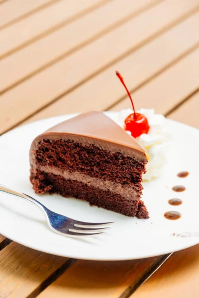 Chocolate Cake Whipped Cream Cherry White Plate — Stock Photo, Image