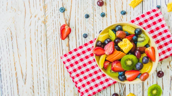 Mixed Assorted Fruits Kiwi Strawberry Grape Other Bowl Wood Table — Stock Photo, Image