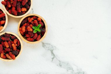 Kırmızı ve siyah dut meyve kase beyaz taş zemin üzerine