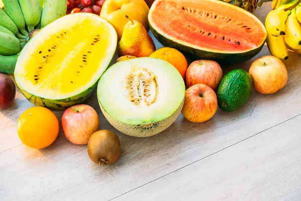 Mixed Fruits Apple Banana Orange Other Wooden Background Healthy Food — Stock Photo, Image