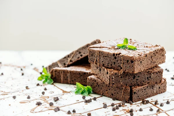 Sweet Dessert Chocolate Brownies White Stone Background — Stock Photo, Image