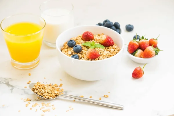 Healthy Breakfast Set Granola Blueberry Strawberry Black Coffee Milk Orange — Stock Photo, Image