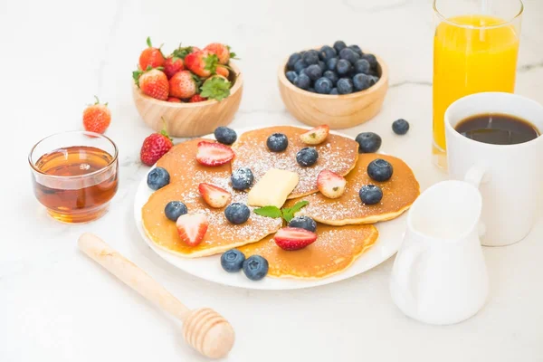 Healthy Breakfast Set Pancake Blueberry Strawberry Fruits Black Coffee Milk — Stock Photo, Image