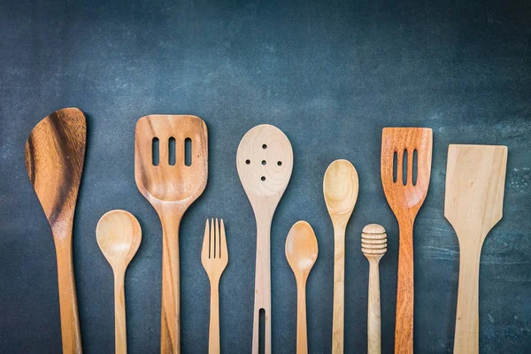 Utensílios Cozinha Com Espaço Cópia Fundo Pedra Preta — Fotografia de Stock