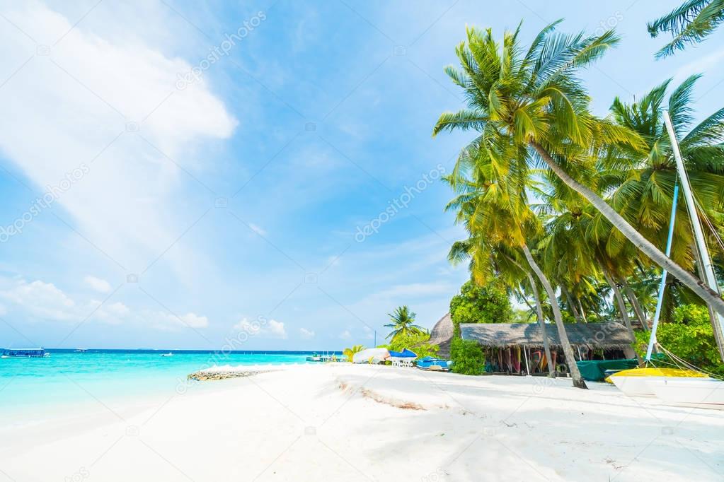 Beautiful tropical Maldives resort hotel and island with beach and sea  and coconut palm tree on sky for holiday vacation background concept - Boost up color Processing