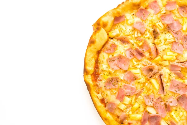 Hawaiian Pizza Träbricka Isolerade Med Vit Bakgrund — Stockfoto