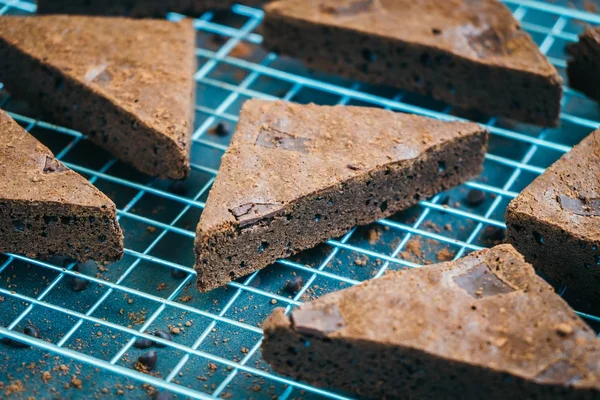 Sweet Dessert Chocolate Brownies Black Stone Background — Stock Photo, Image