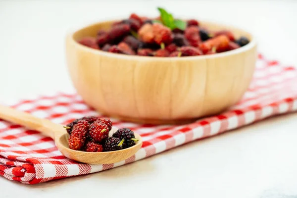Red Black Mulberry Fruit Bowl White Stone Background — Stock Photo, Image