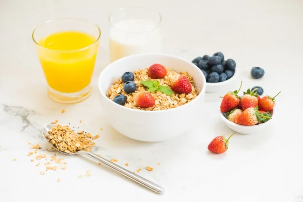 Healthy Breakfast Set Granola Blueberry Strawberry Black Coffee Milk Orange — Stock Photo, Image