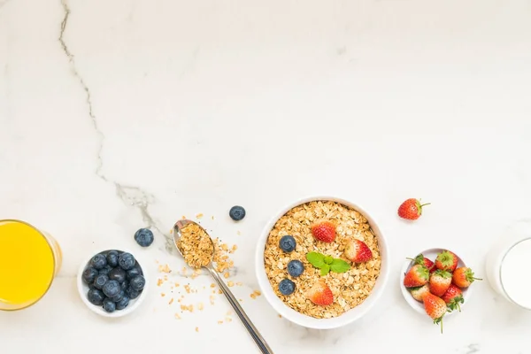 Healthy Breakfast Set Granola Blueberry Strawberry Black Coffee Milk Orange — Stock Photo, Image