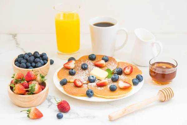 Healthy Breakfast Set Pancake Blueberry Strawberry Fruits Black Coffee Milk — Stock Photo, Image