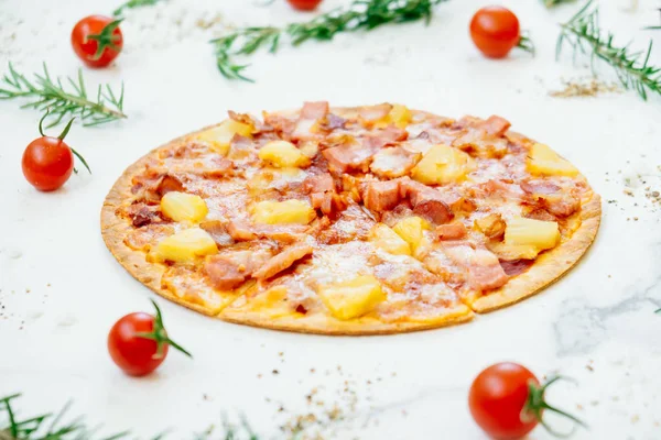 Hawaiian pizza with pineapple and ham - Unhealthy food style — Stock Image Hawaiian Pizza Pineapple Ham Unhealthy Food Style Stock Picture