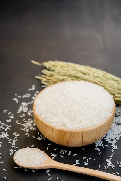 Raw Jasmine Rice Wooden Bowl Spoon Grain Seed — Stock Photo, Image