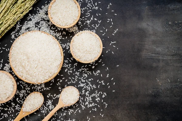 Raw Jasmine Rice Wooden Bowl Spoon Grain Seed — Stock Photo, Image