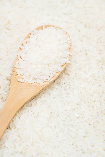 Raw Jasmine Rice Wooden Bowl Spoon Grain Seed — Stock Photo, Image