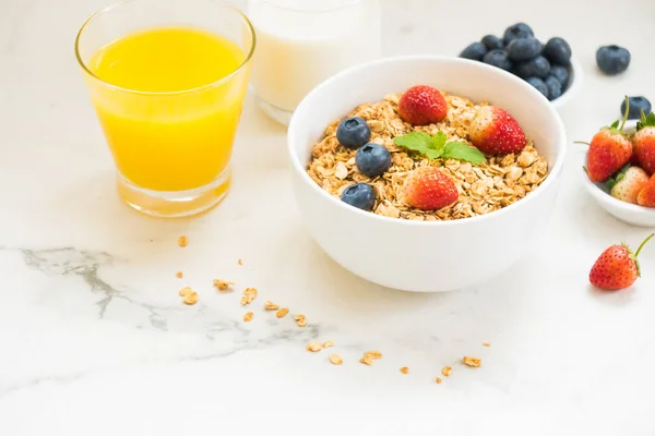 Healthy Breakfast Set Granola Blueberry Strawberry Black Coffee Milk Orange — Stock Photo, Image