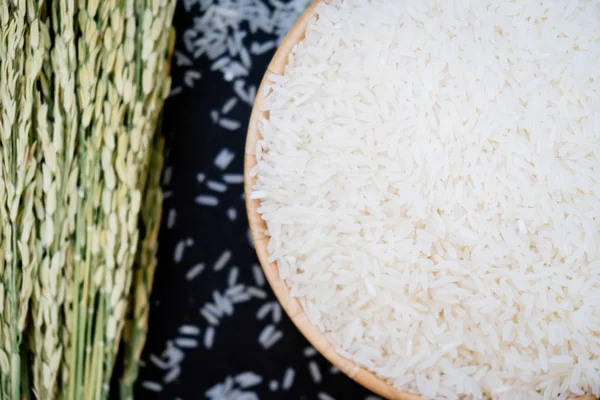 Raw Jasmine Rice Wooden Bowl Spoon Grain Seed — Stock Photo, Image