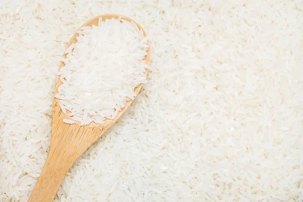 Raw Jasmine Rice Wooden Bowl Spoon Grain Seed — Stock Photo, Image