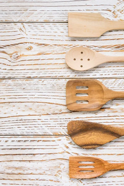 Wood Utensils Kitchen Ware Wooden Table Copy Space Vintage Filter — Stock Photo, Image