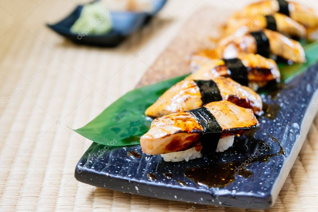 Foie gras sushi set on plate - Japanese food style